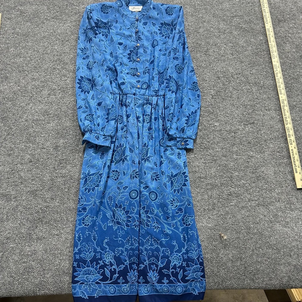 Florentine Jumpsuit Womens Size S Blue Floral Vintage Long Sleeve Elastic Waist